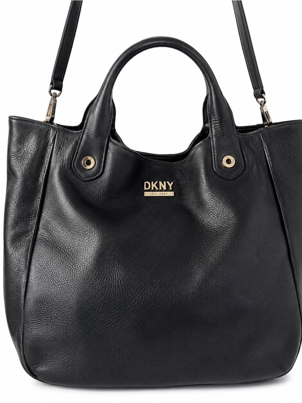 DKNY Black Leather Tote with Gold Logo Accents